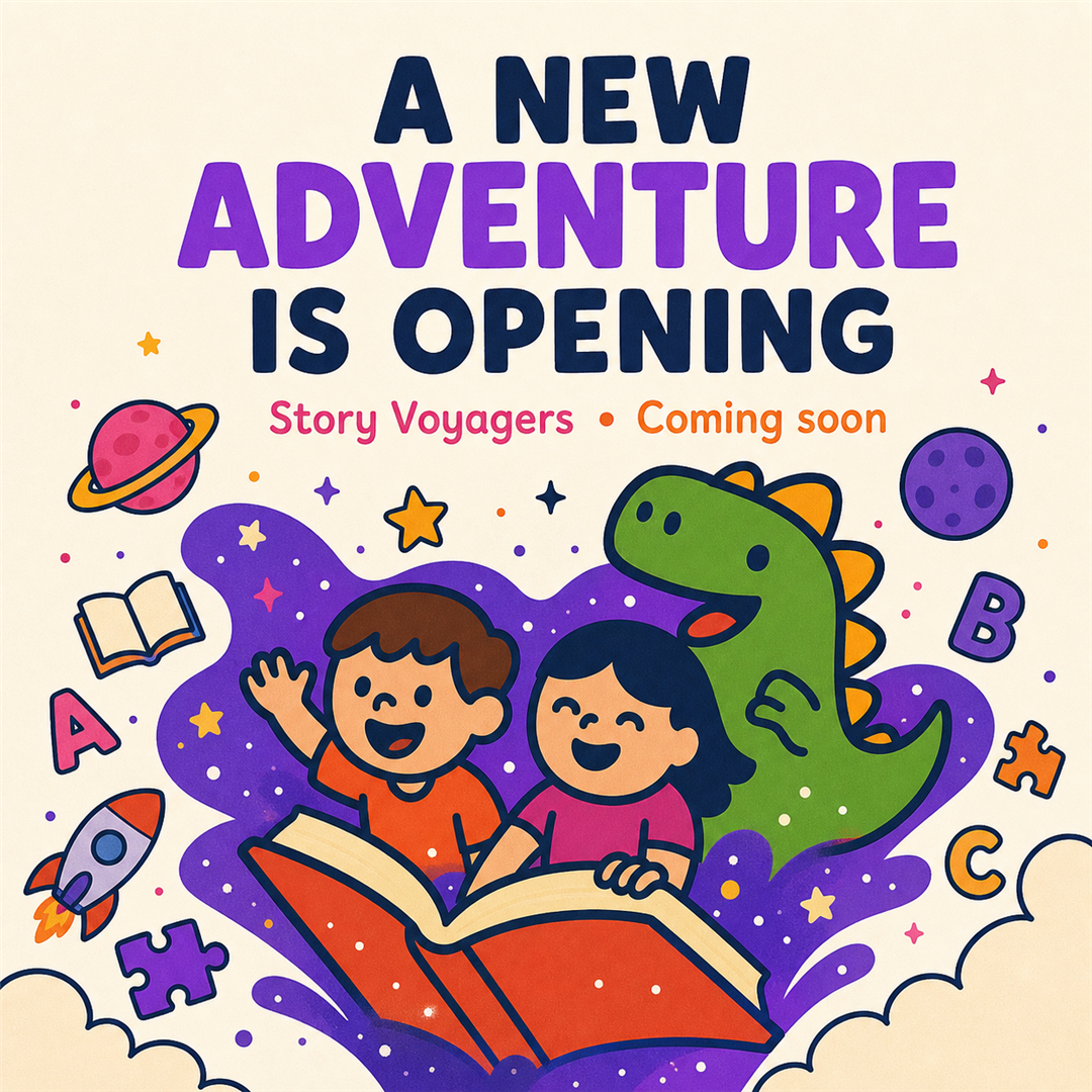 Story Voyagers poster: a new adventure is opening — kids and a dinosaur flying on a book