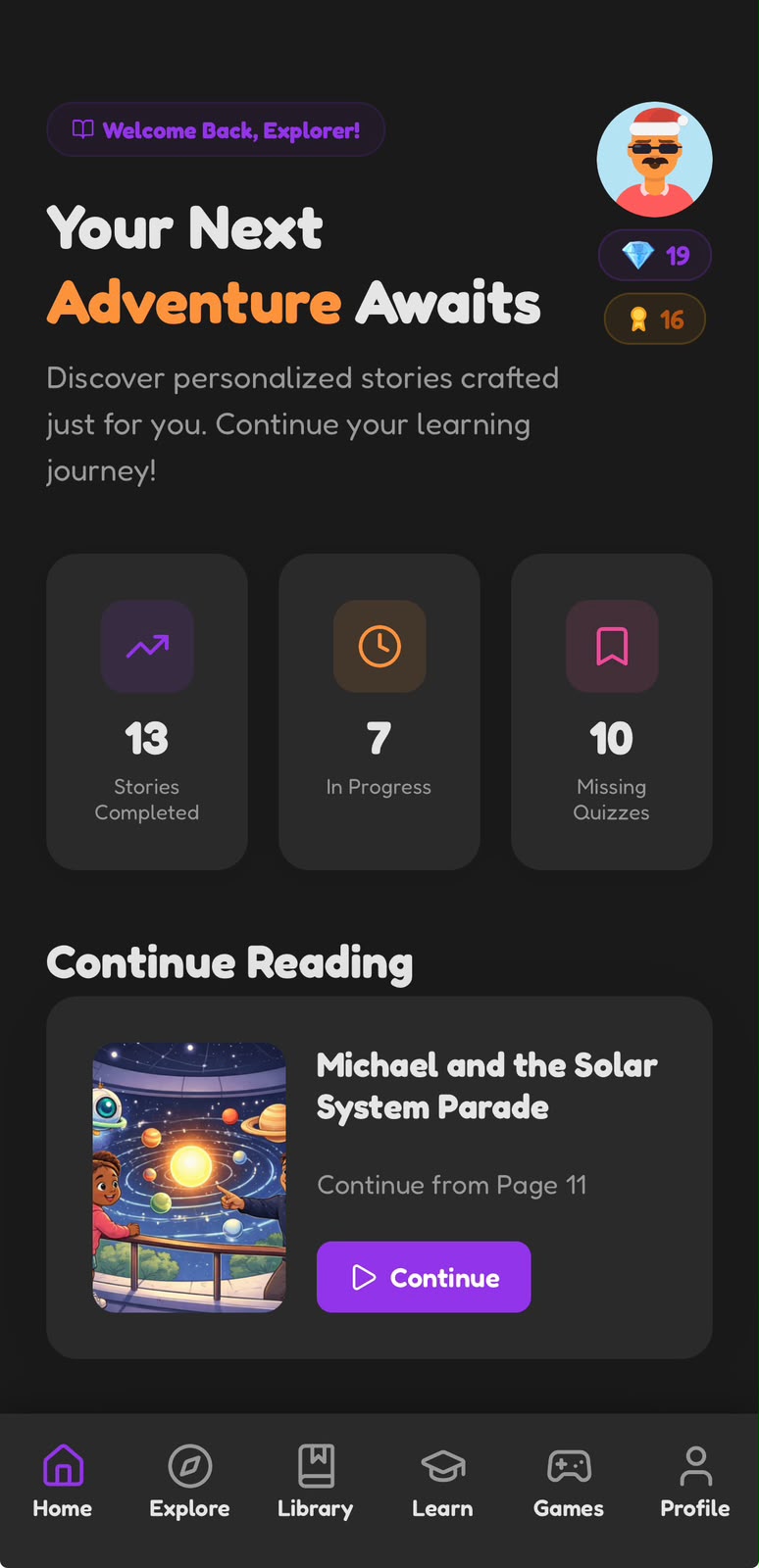 Story Voyagers home screen — Your Next Adventure Awaits, with gems, badges, reading stats and continue reading