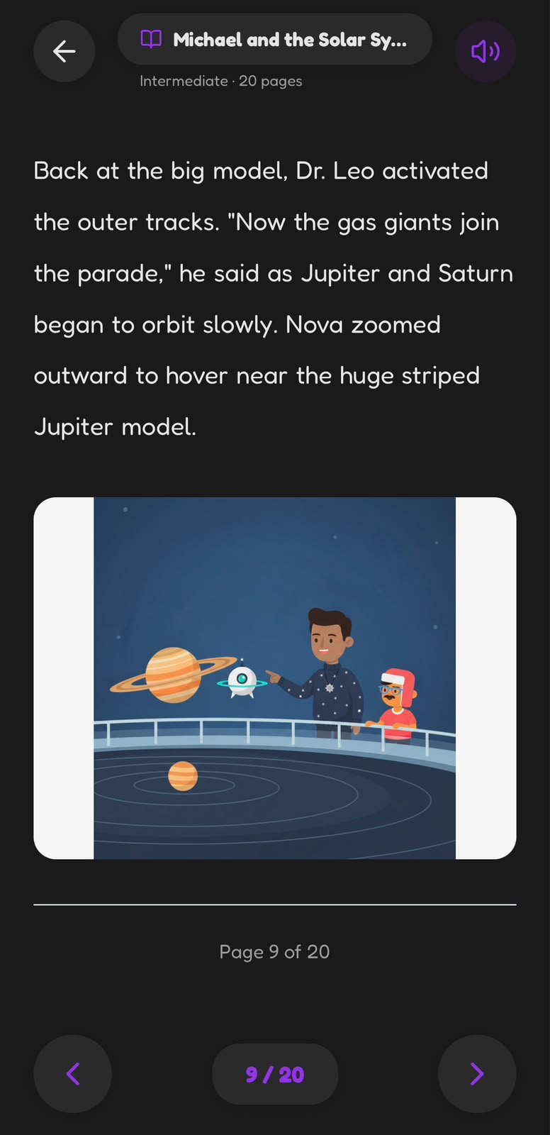 Story reader showing an illustrated page of Michael and the Solar System
