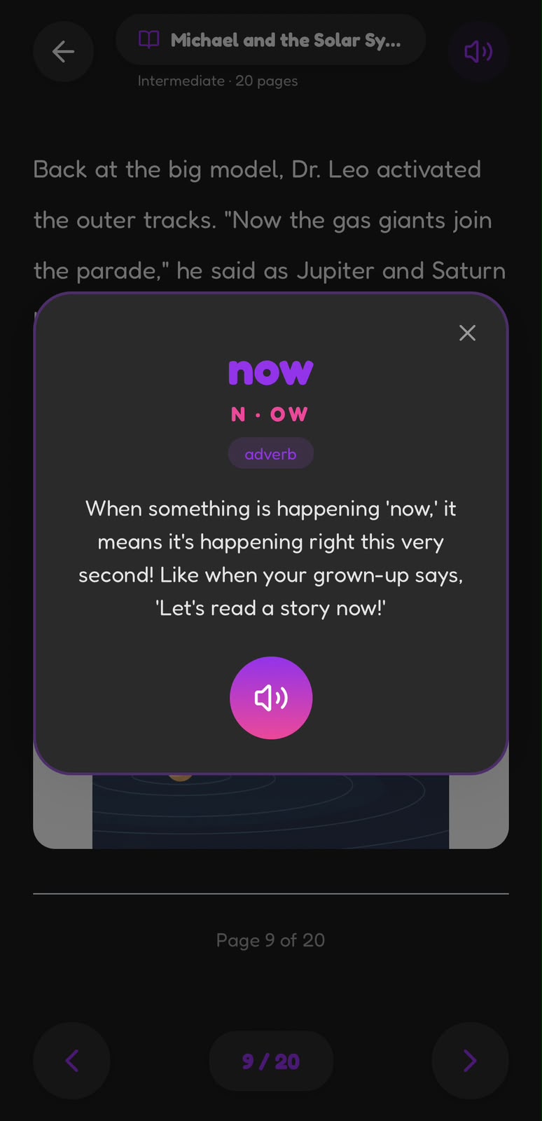 Tap-a-word vocabulary popup showing syllables, part of speech, kid-friendly definition and pronunciation audio