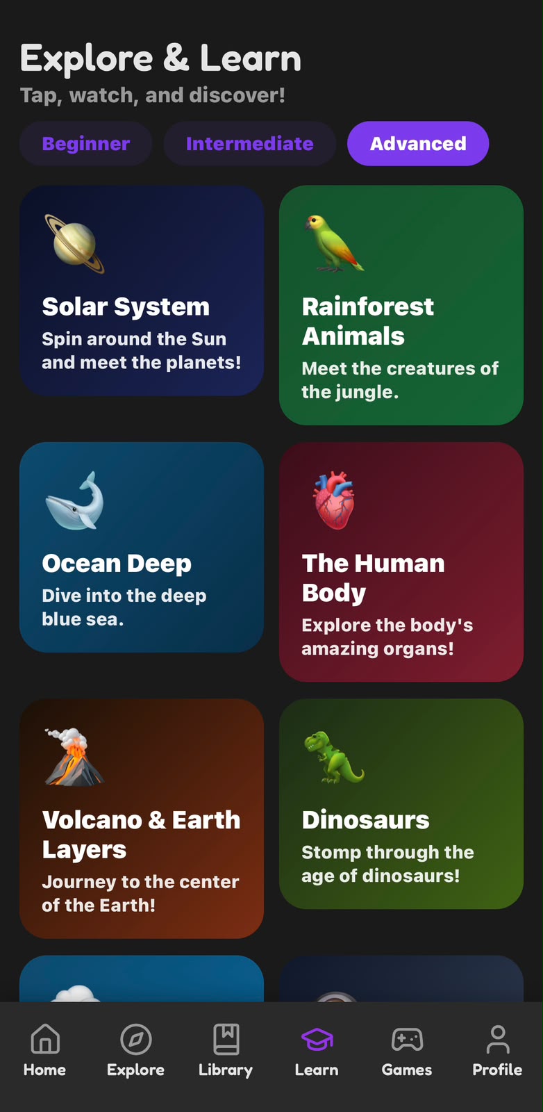 Explore and Learn screen with illustrated topics like Solar System, Ocean Deep, The Human Body and Dinosaurs