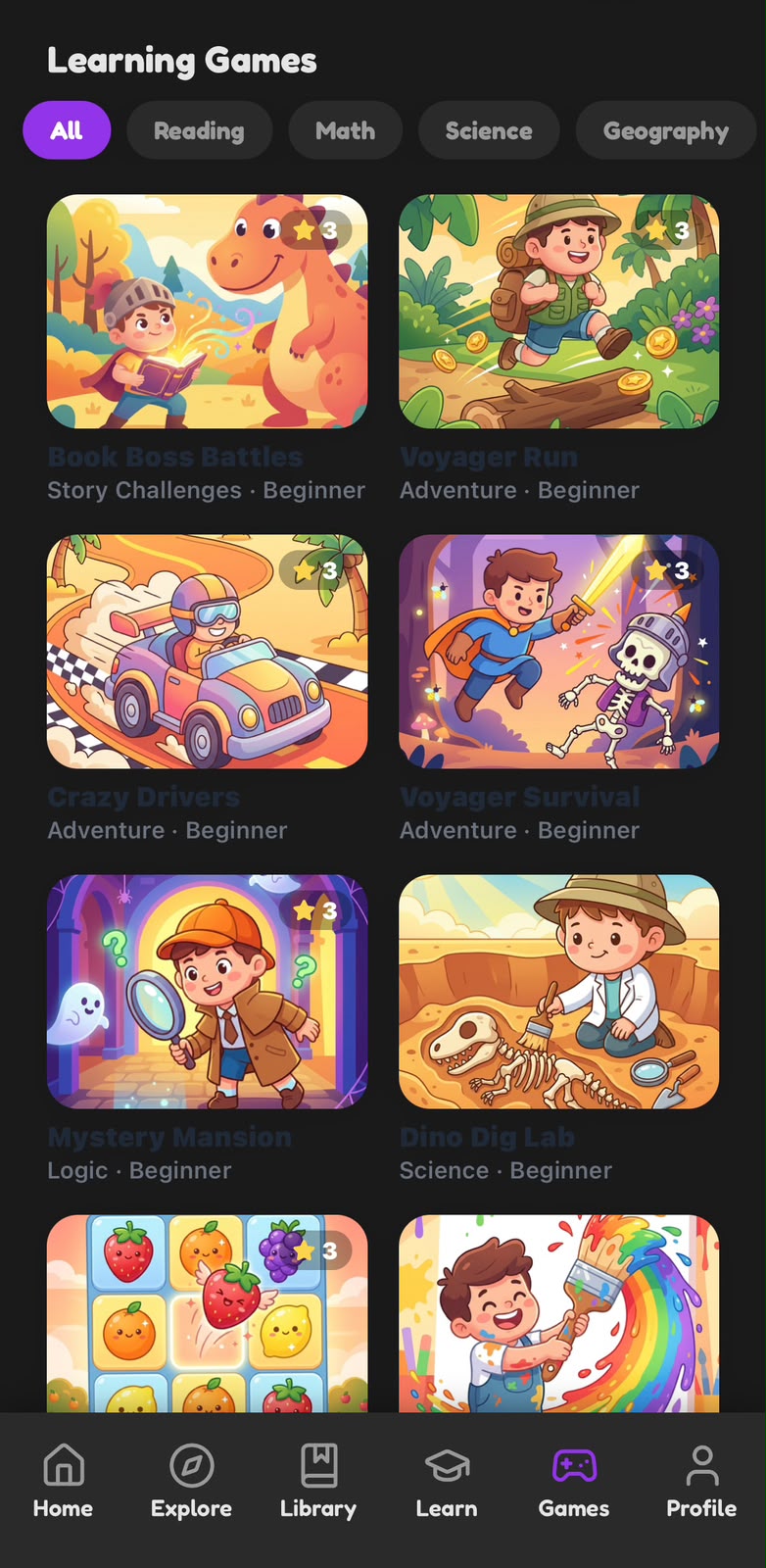 Learning Games screen with illustrated game covers like Book Boss Battles and Voyager Run