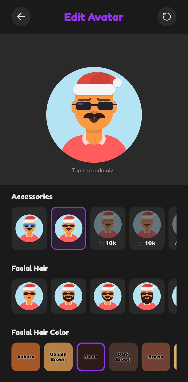 Avatar editor with accessories, facial hair and color options