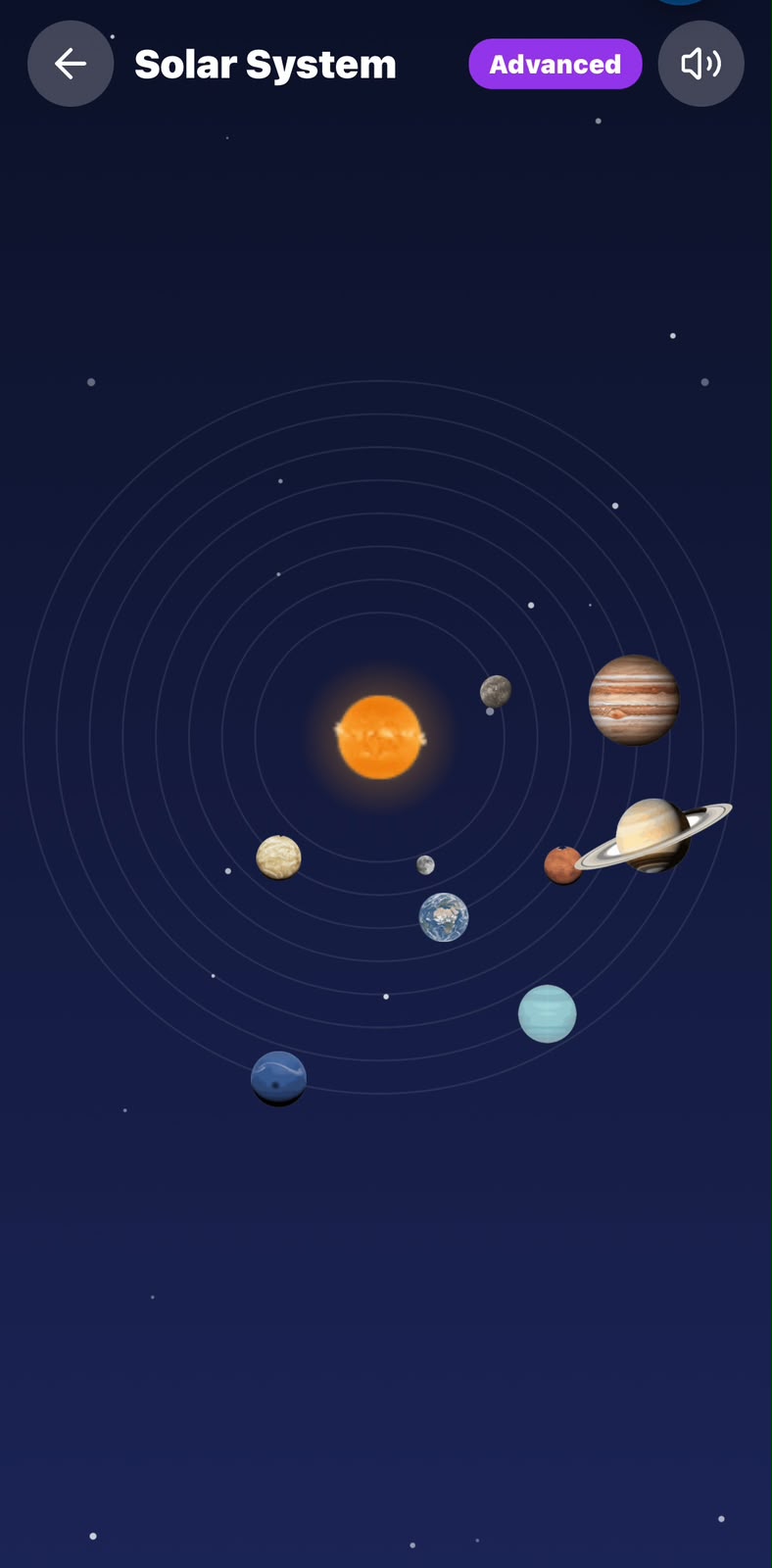 Interactive Solar System learning scene with orbiting planets