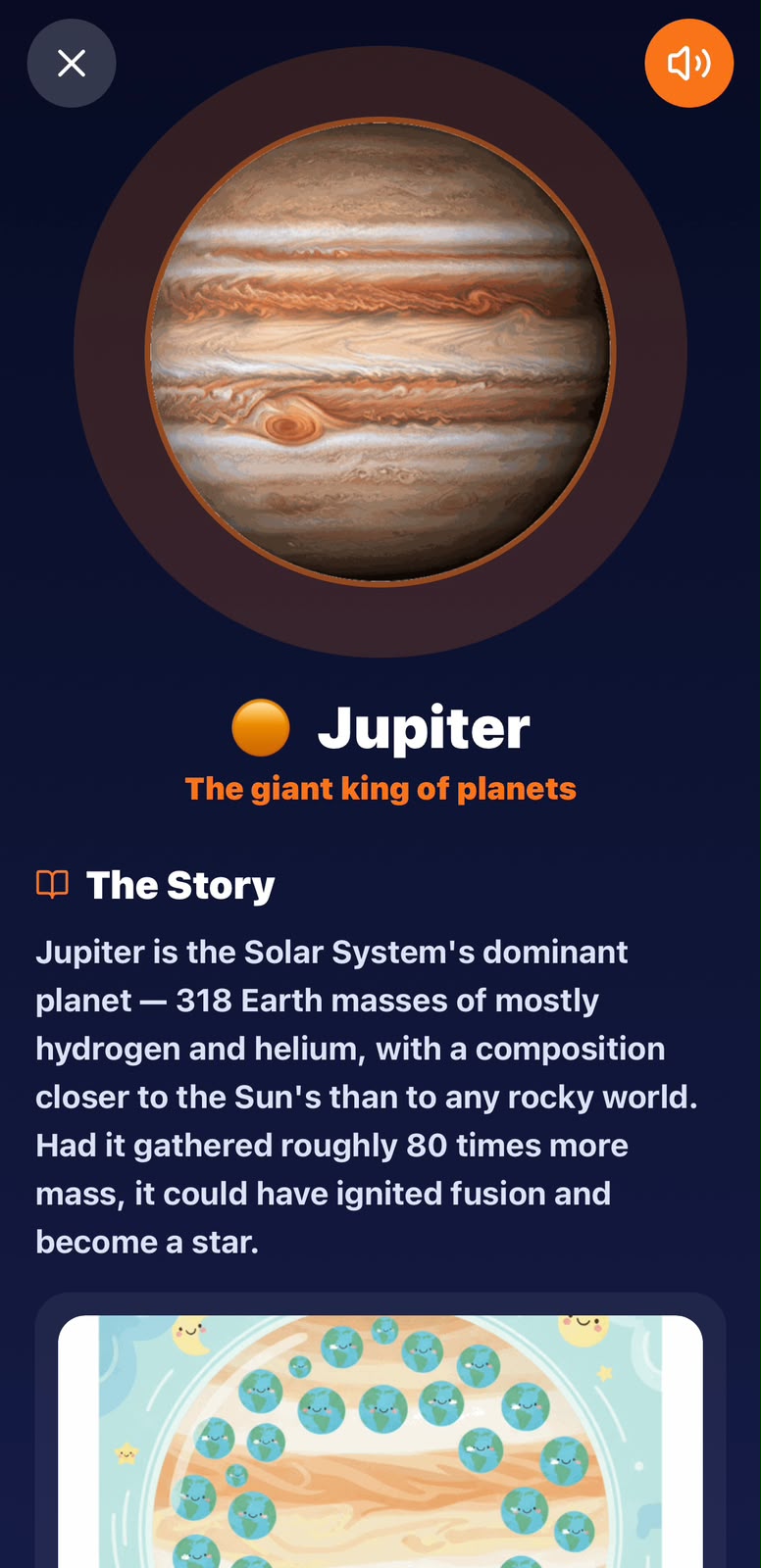 Jupiter discovery card with a narrated story and fun facts