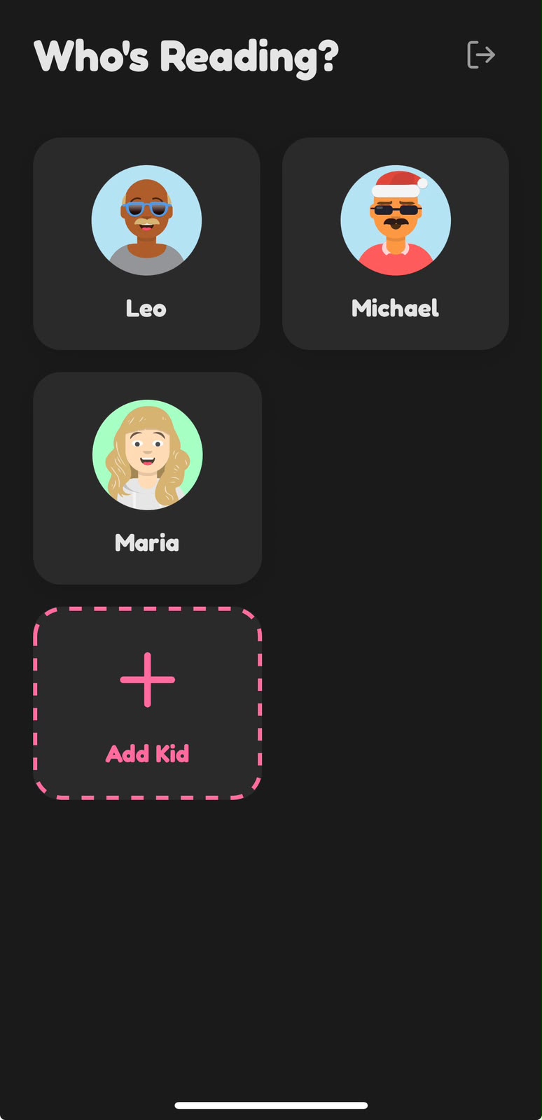 Who's Reading? profile picker with kid avatars and an Add Kid button